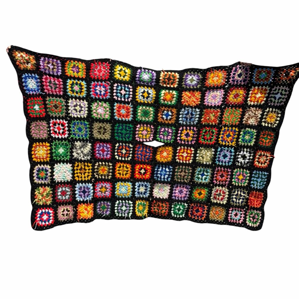 Granny Square Crochet Blanket Afghan Handmade Black Background TLC FLAW